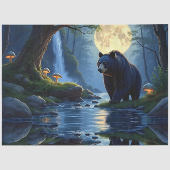 Papel De Seda Urso preto no riacho sob a luz da lua (Frente )