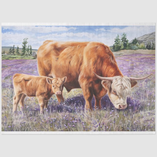 Papel De Seda Vaca das Terras Altas e Bezerro Arte de Decoupage  (Frente )