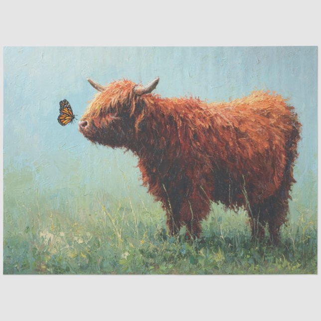 Papel De Seda Vaca das Terras Altas e Borboleta Monarca Decoupag (Frente )