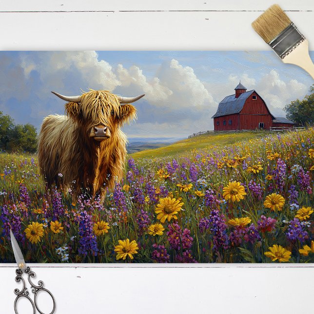 Papel De Seda Vaca das Terras Altas Flores Silvestres Roxo Amare (Tissue paper sheets with a Highland Cow, Red barn, and field of wildflowers, laid on a wood surface.)
