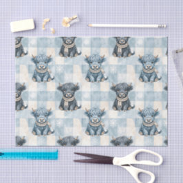 Papel De Seda Vaca das Terras Altas Xadrez Azul Fofa