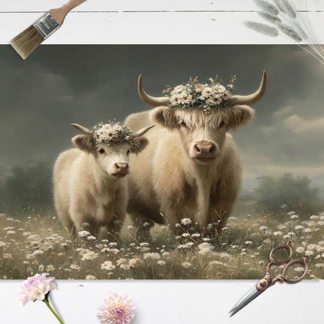 Papel De Seda Vaca e Bezerro Highland Decoupage Branco (Criador carregado)