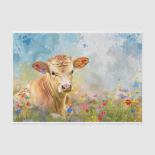 Papel De Seda Vaca Fofa das Terras Altas com Flores Silvestres p