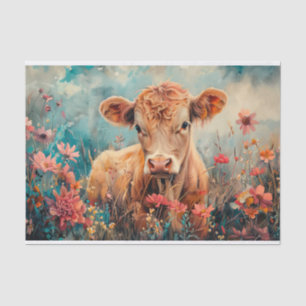 Papel De Seda Vaca Fofa das Terras Altas com Flores Silvestres p