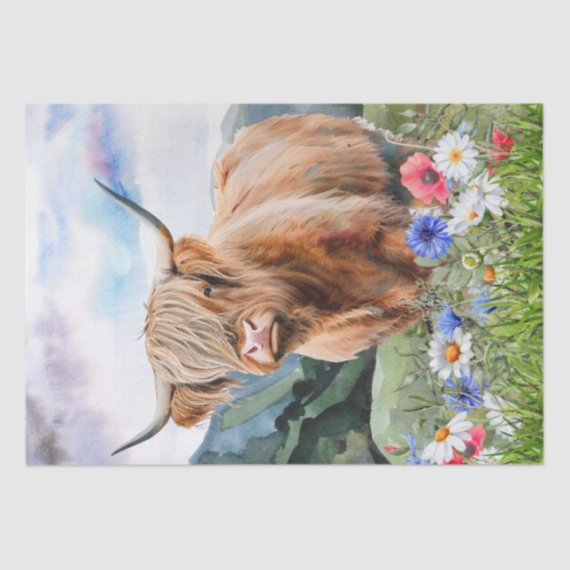 Papel De Seda Vaca Highland Fazenda Meadow Watercolor (Frente )