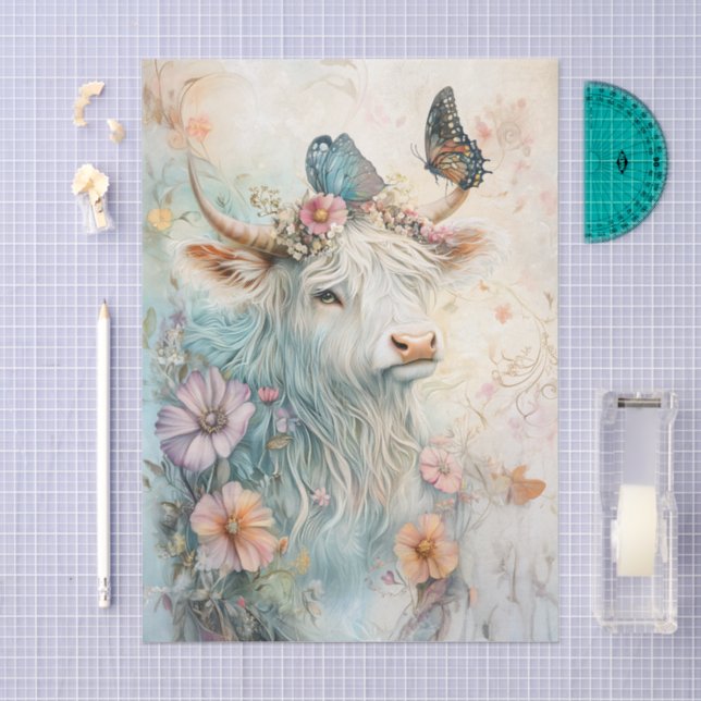 Papel De Seda Vaca Highland Floral Pastel Decoupage (Arte )