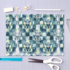 Papel De Seda Vaca Highland Xadrez Azul Neve Inverno