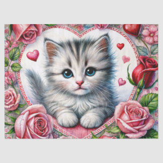 Papel De Seda Valentine Kitten With Roses Tissue Paper