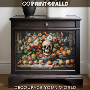 Papel De Seda Vanitas com frutas, flores e caveira -