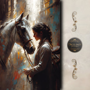 Papel De Seda Vaqueira do Oeste e Cavalo Branco Arte Decoupage