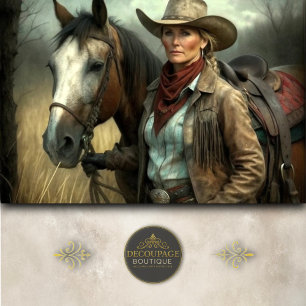 Papel De Seda Vaqueira Madura com Cavalo no Campo Decoupage