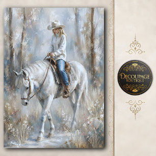 Papel De Seda Vaqueira Montando Cavalo Branco Decoupage