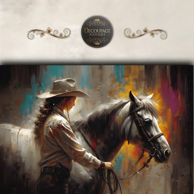 Papel De Seda Vaqueira Rústica com Decoupage de Cavalo Branco (Rustic Cowgirl With White Horse Decoupage Tissue Paper)