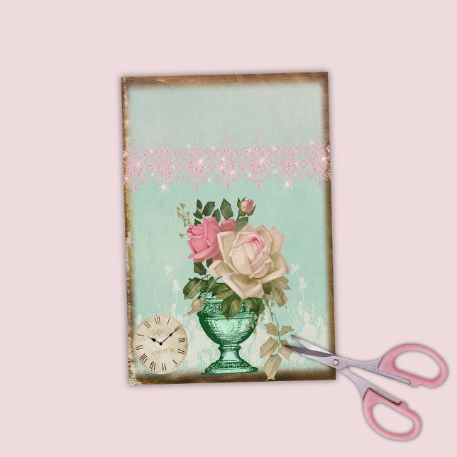 Papel De Seda Vase Antiquada de Rosas e Relógio e Lace Rosa (Criador carregado)