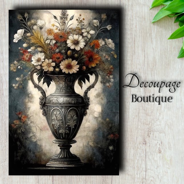 Papel De Seda Vaso de Prata Decoupage Floral Barroco Gótico (Gothic Baroque Floral Silver Vase Decoupage Tissue Paper)