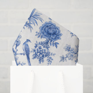 Papel De Seda Vaso Floral de Peônia Chinoiserie Azul Branco Vint