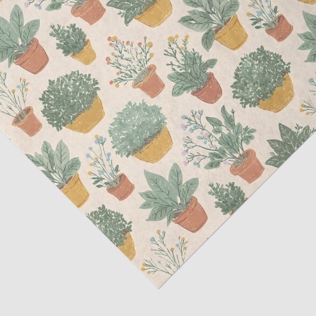 Papel De Seda Vasos de Plantas Flores Estilo de Ilustração Botân (Detalhes)