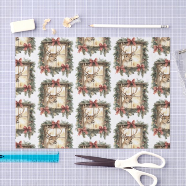 Papel De Seda Veado na Janela Arcos Vermelhos Natal (Arte )