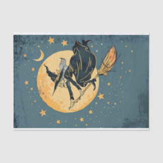 Papel De Seda Velha Bruxa Voando Sobre A Decoupage Da Lua