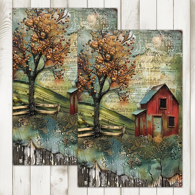 PAPEL DE SEDA VELHO CELEIRO VERMELHO NO OUTONO EM DECOUPAGEM (OLD RED BARN IN AUTUMN DECOUPAGE TISSUE PAPER)