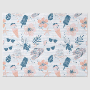 Papel De Seda Verão Praia Tropical Azul Coral Listrado