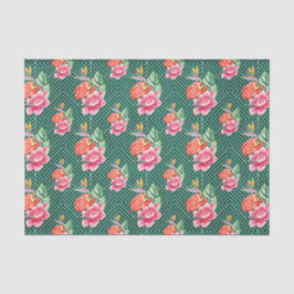 Papel De Seda Verde com Flores Rosa