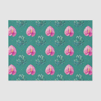 Papel De Seda Verde com Flores Tropicais e Folhas de Palma