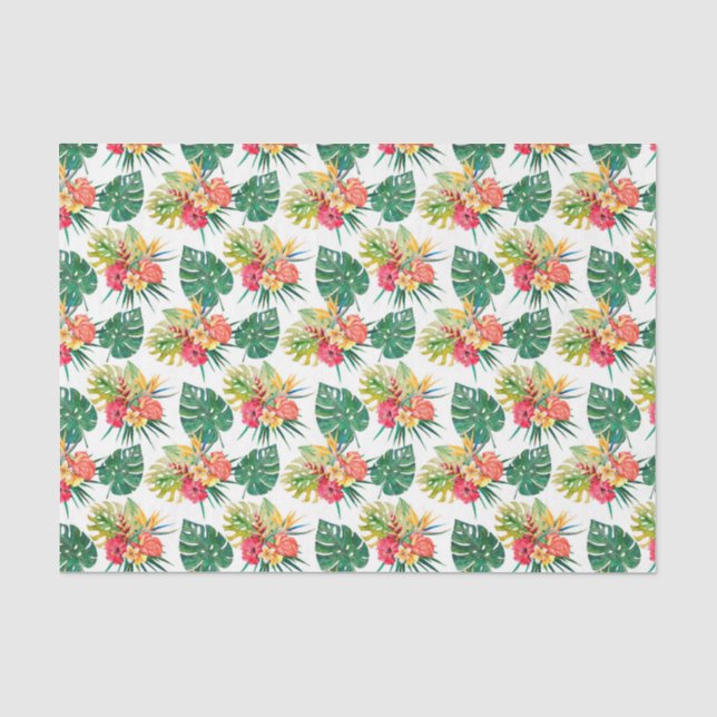 Papel De Seda Verde com Flores Tropicais e Folhas de Palmeira 2 (Frente )