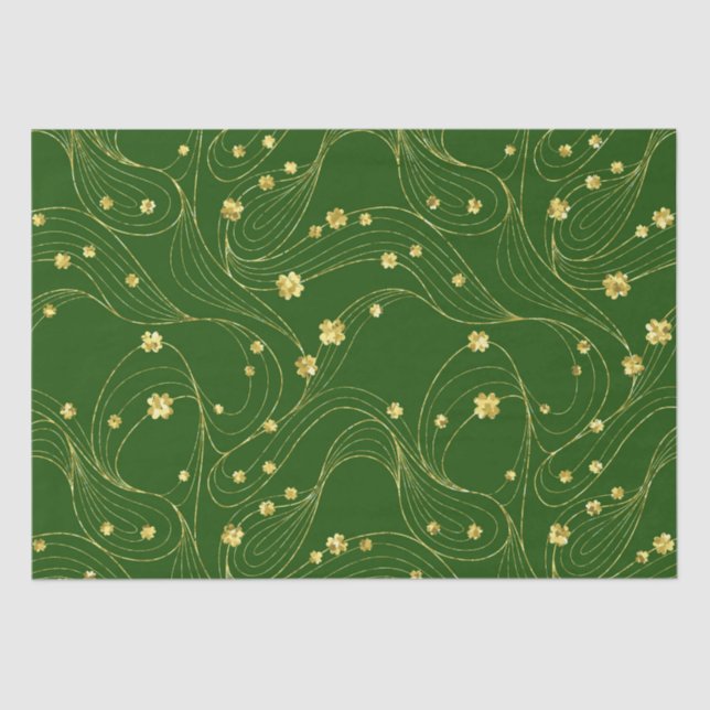 PAPEL DE SEDA VERDE COM LINHAS FINAS DOURADAS E SHAMROCKS IRLAND (Frente )