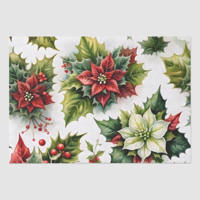Papel De Seda Verde Floral de Natal e Vermelho (Frente )