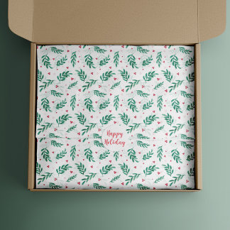 Papel De Seda Verde Folhas e Berries Vermelhos Padrão de Natal B