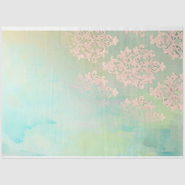 Papel De Seda Verde Menta e Rosa Caqui Damask Envelhecido  (Frente )