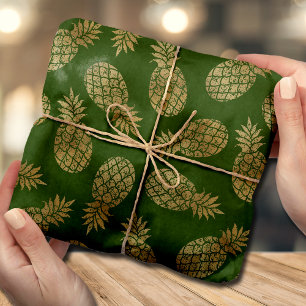Papel De Seda Verde tropical com abacaxi Dourado
