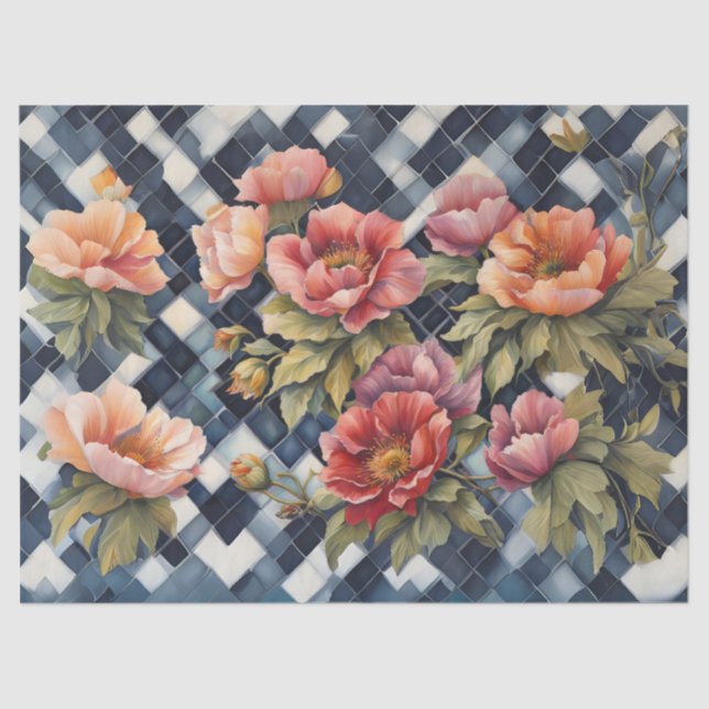 Papel De Seda Verificação de Buffalo Azul com Flores Rosa Grande (Frente )