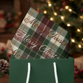 Papel De Seda Vermelho Borgonha e Verde Xadrez de Natal & Texto