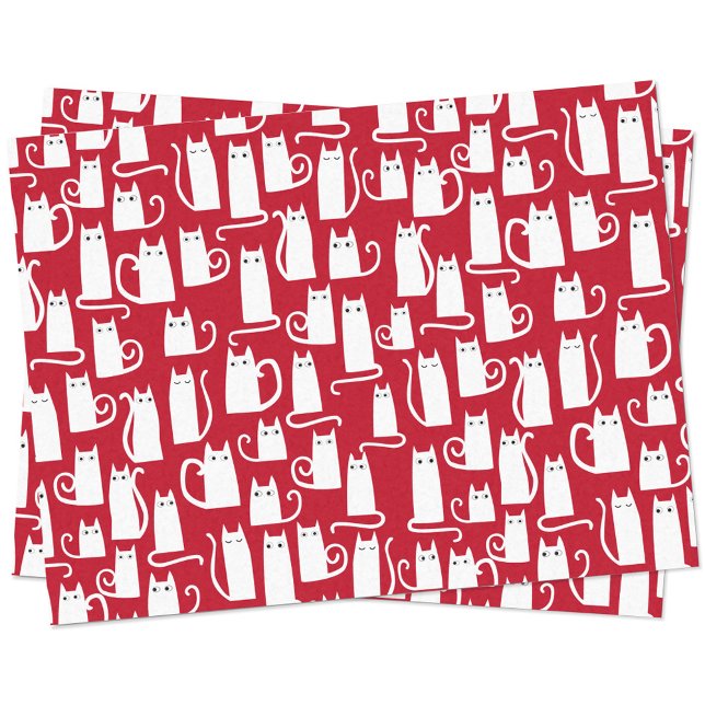 Papel De Seda Vermelho e Branco de Gato Cinto (Red and white cat festive tissue paper)