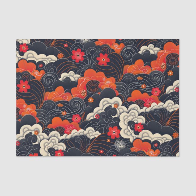 Papel De Seda Vermelho e Preto Floral Oriental (Frente )