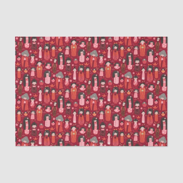 Papel De Seda Vermelho Kokeshi japonês ilustrado (Frente )