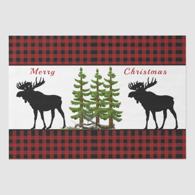 Papel De Seda Vermelho Rústico Xadrez Preto Búfalo Alce Natal (Frente )