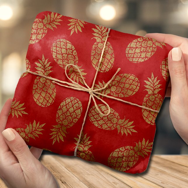 Papel De Seda Vermelho Tropical de Ananases Dourados (Criador carregado)