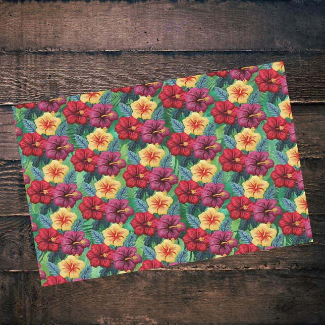 Papel De Seda Vermelho tropical e Dourado em Green Leaves Hibisc (Criador carregado)