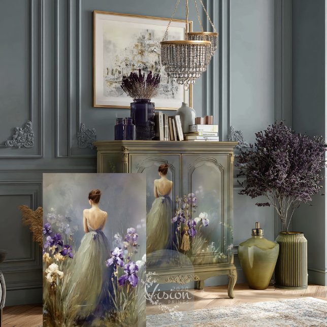 Papel De Seda Vestido de Baile Musa da Sabedoria Jardim de Íris  (Vintage sage cabinet glass doors displaying artwork chandelier purple florals grey panelled walls)