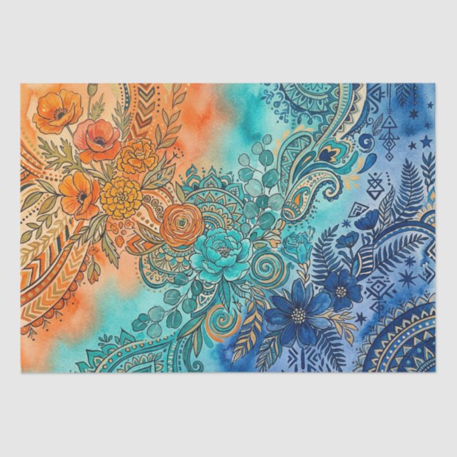 Papel De Seda Vibrante Boho Gradiente Floral Arco-íris (Frente )