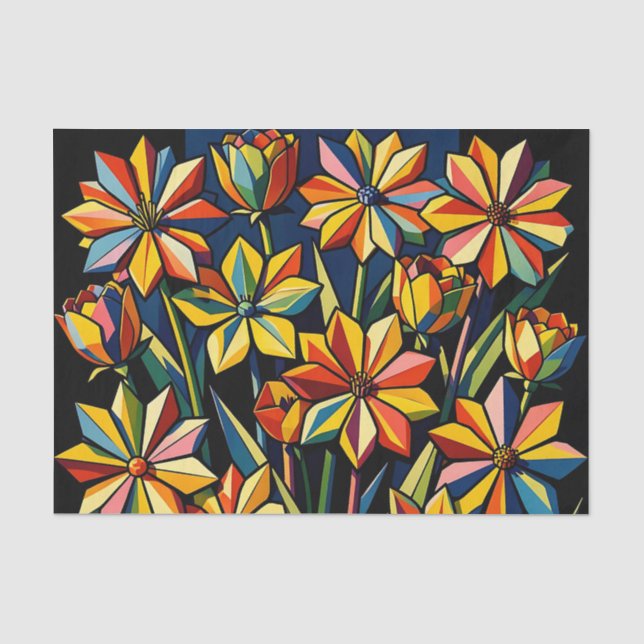 Papel De Seda Vibrante Buquê de Flores Geométricas Arco-íris (Frente )