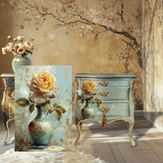 Papel De Seda Victorian Glam Golden Rose Teal Vase Oil Impasto