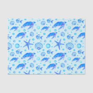 Papel De Seda Vida Marinha Azul - Tartarugas, Peixes e Conchas