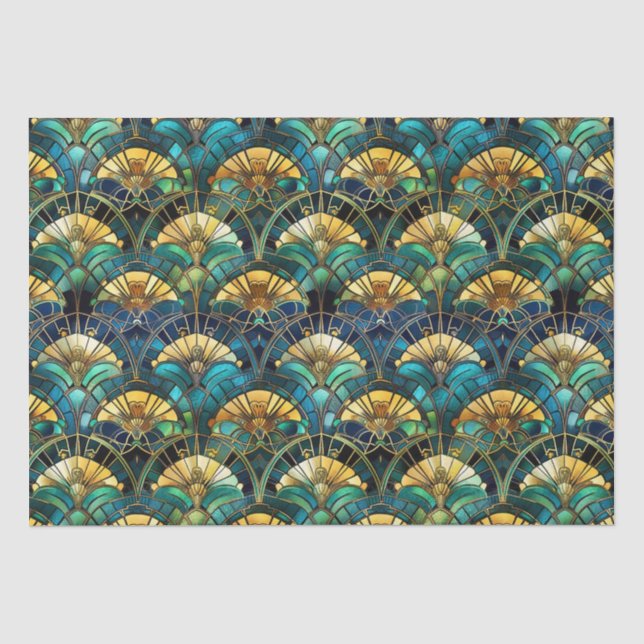 Papel De Seda Vidro colorido de pavão azul, turquesa e dourado (Frente )