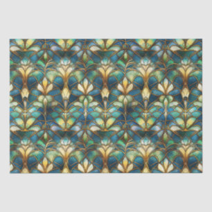Papel De Seda Vidro colorido de pavão azul, turquesa e dourado