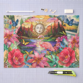 Papel De Seda Vidro Colorido Tropical Cenário Flamingo Decoupage