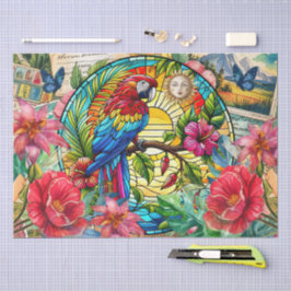 Papel De Seda Vidro Colorido Tropical Cênico Papagaio Vermelho D